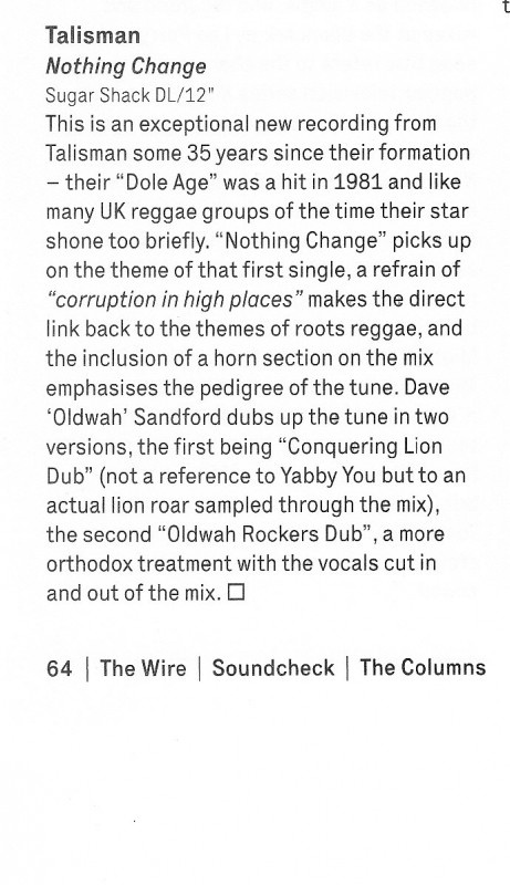 Talisman Nothing Change 12 inch review The Wire Sept 20`14